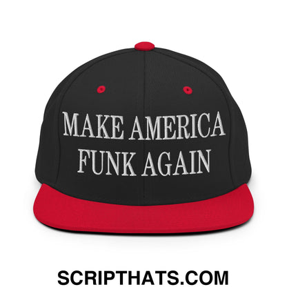 Black snapback cap with red brim and button featuring white embroidered make america funk again text