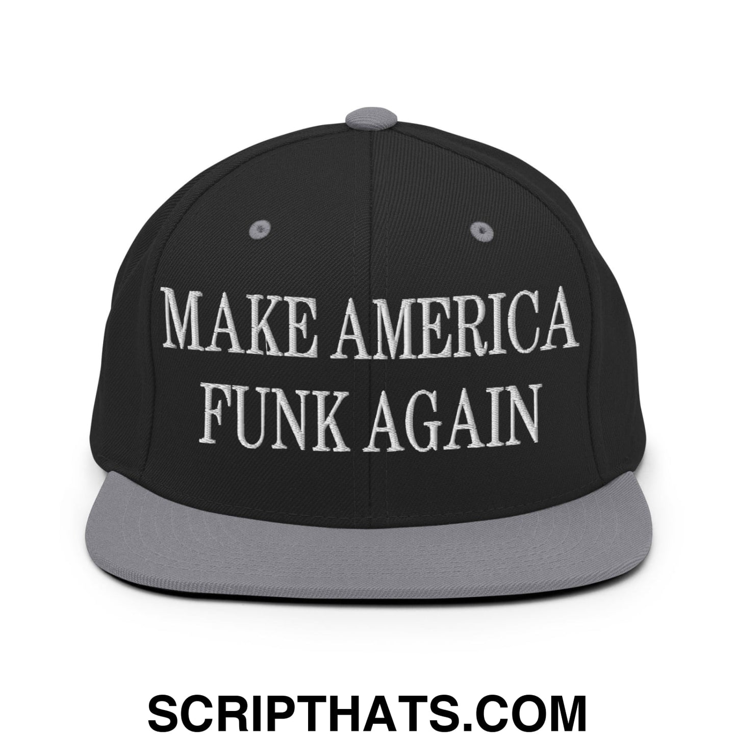 Black snapback cap with gray brim and white embroidered make america funk again text flat bill brim snapback hat