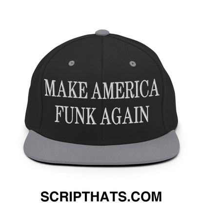 Black snapback cap with gray brim and white embroidered make america funk again text flat bill brim snapback hat
