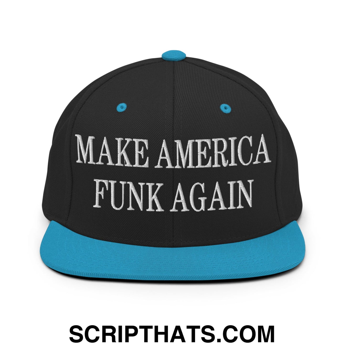 Black snapback hat with bright blue brim and button featuring white embroidered make america funk again text