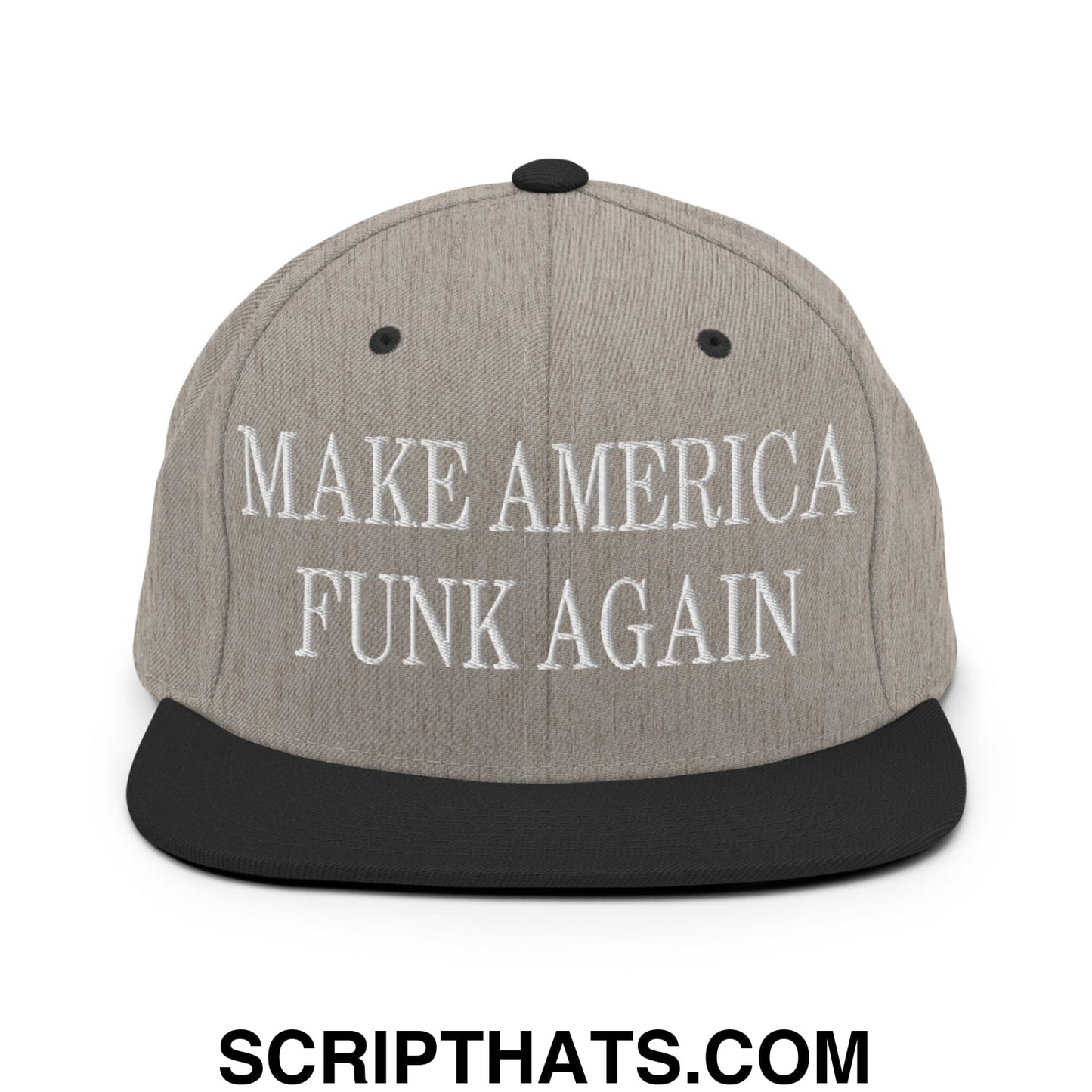 Gray and black snapback cap with white embroidered text make america funk again featuring a flat bill brim