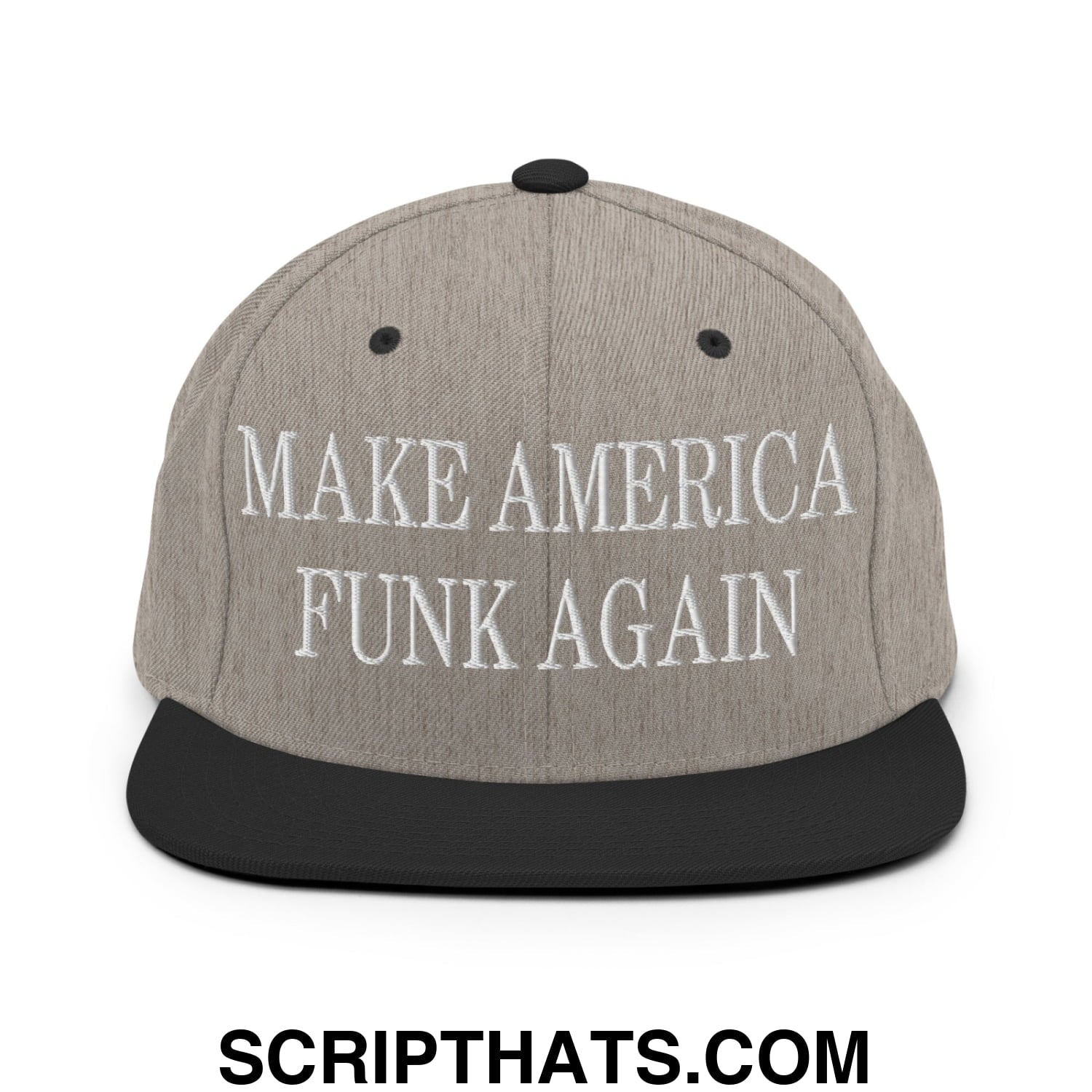 Gray and black snapback cap with white embroidered text make america funk again featuring a flat bill brim