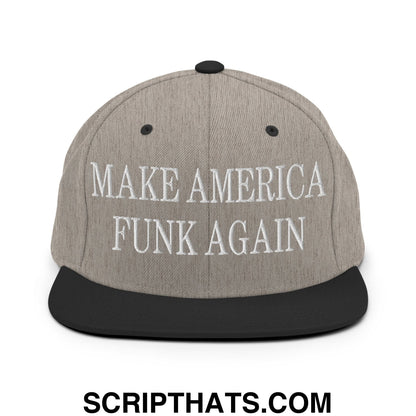 Gray and black snapback cap with white embroidered text make america funk again featuring a flat bill brim