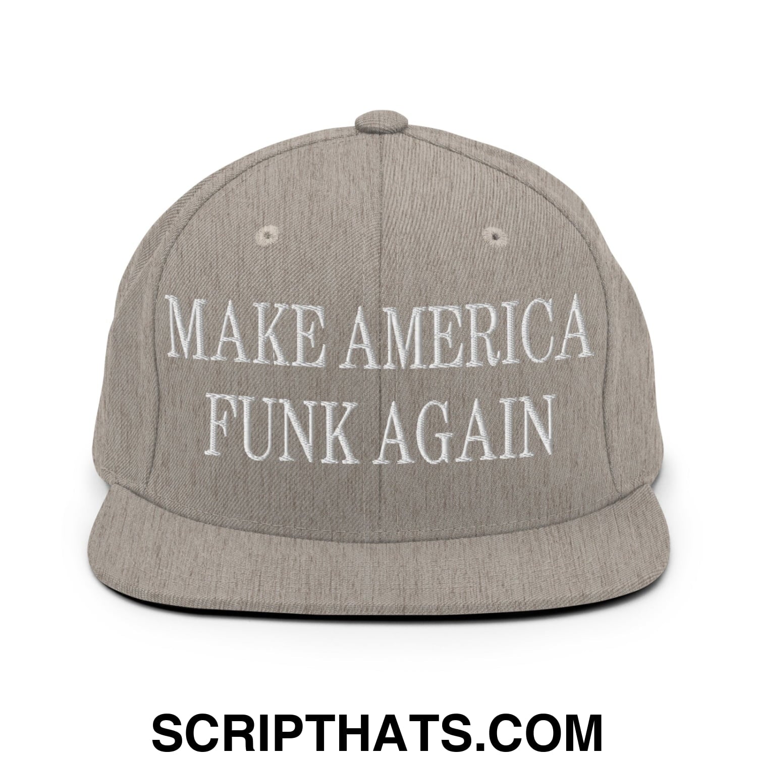 Gray embroidered snapback hat with white make america funk again text and flat bill brim design