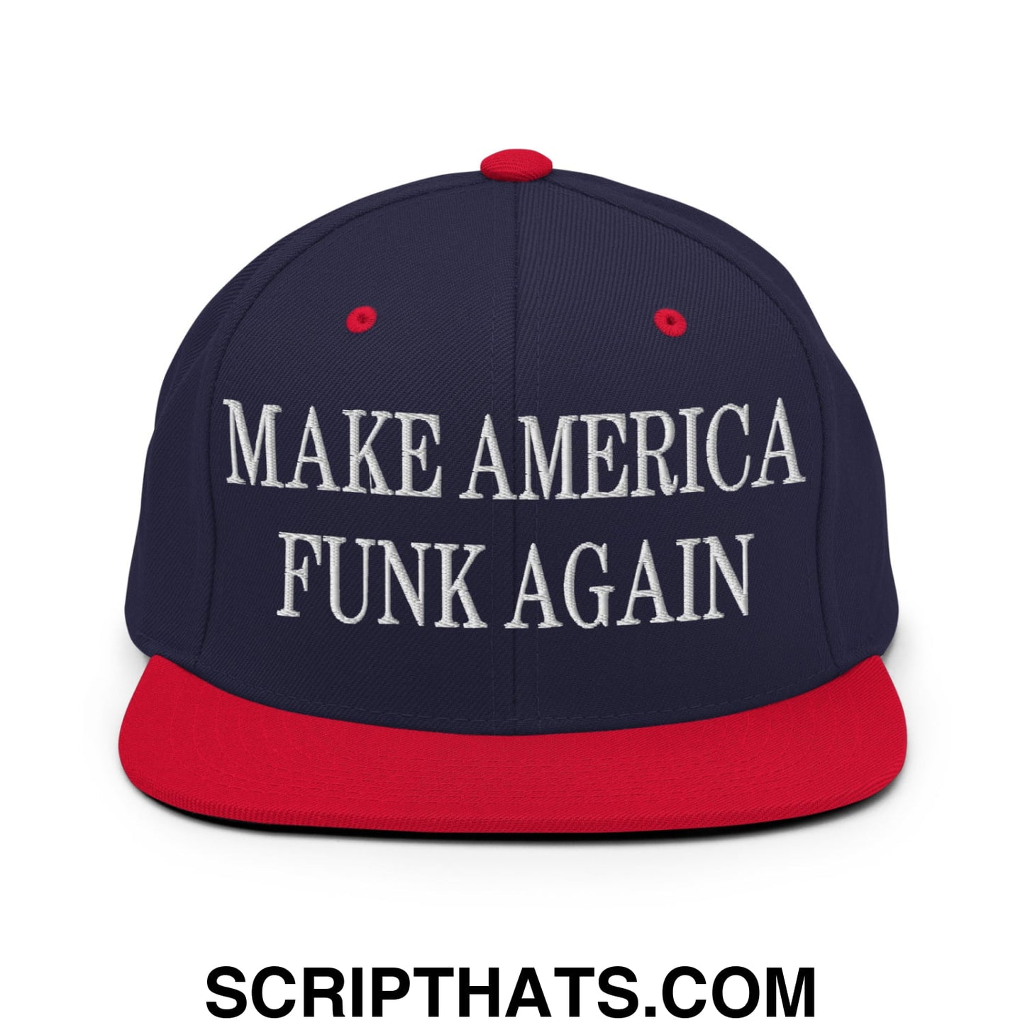 Navy blue and red snapback hat with white embroidered make america funk again text and flat bill brim design