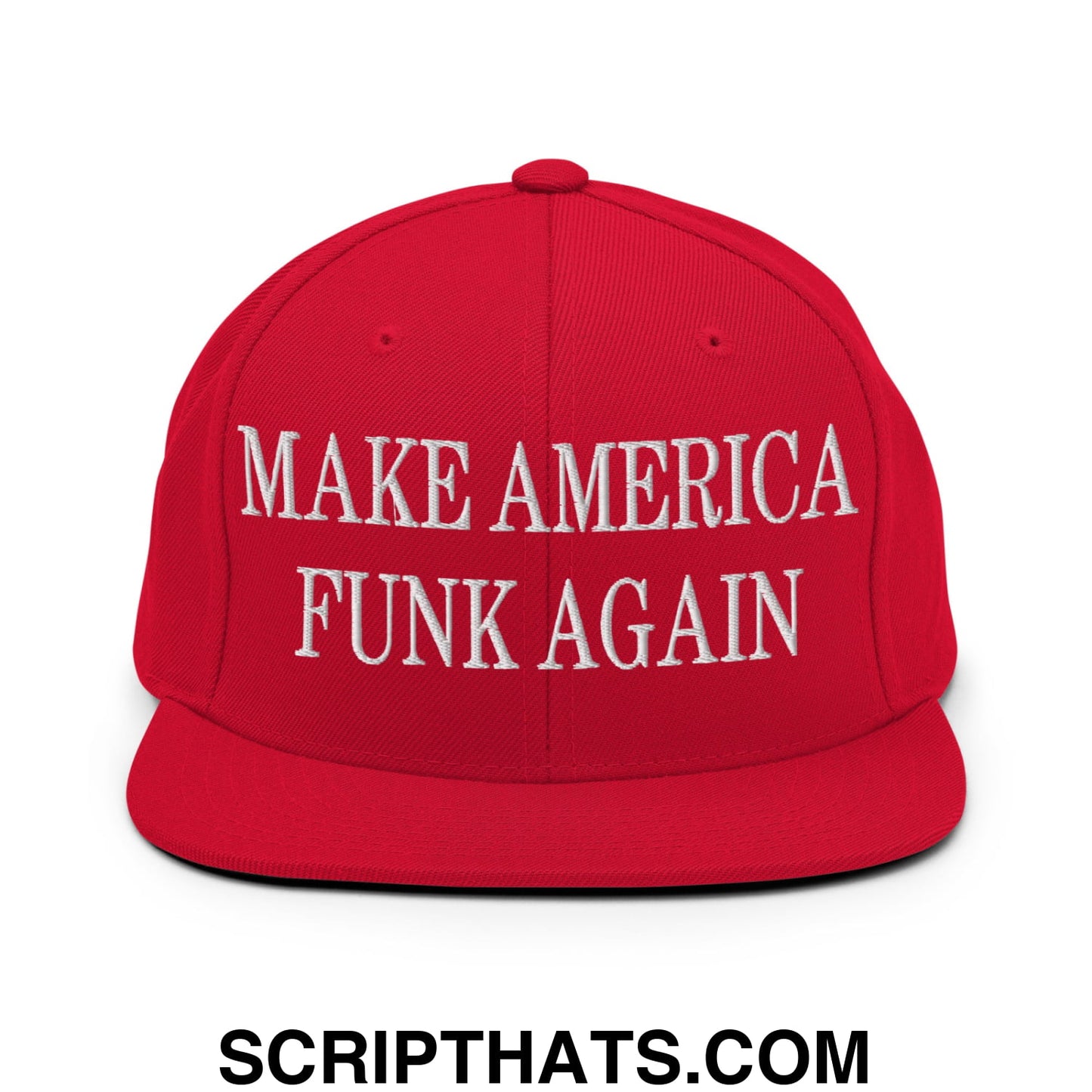 Red flat bill brim snapback hat with white embroidered text make america funk again for casual wear