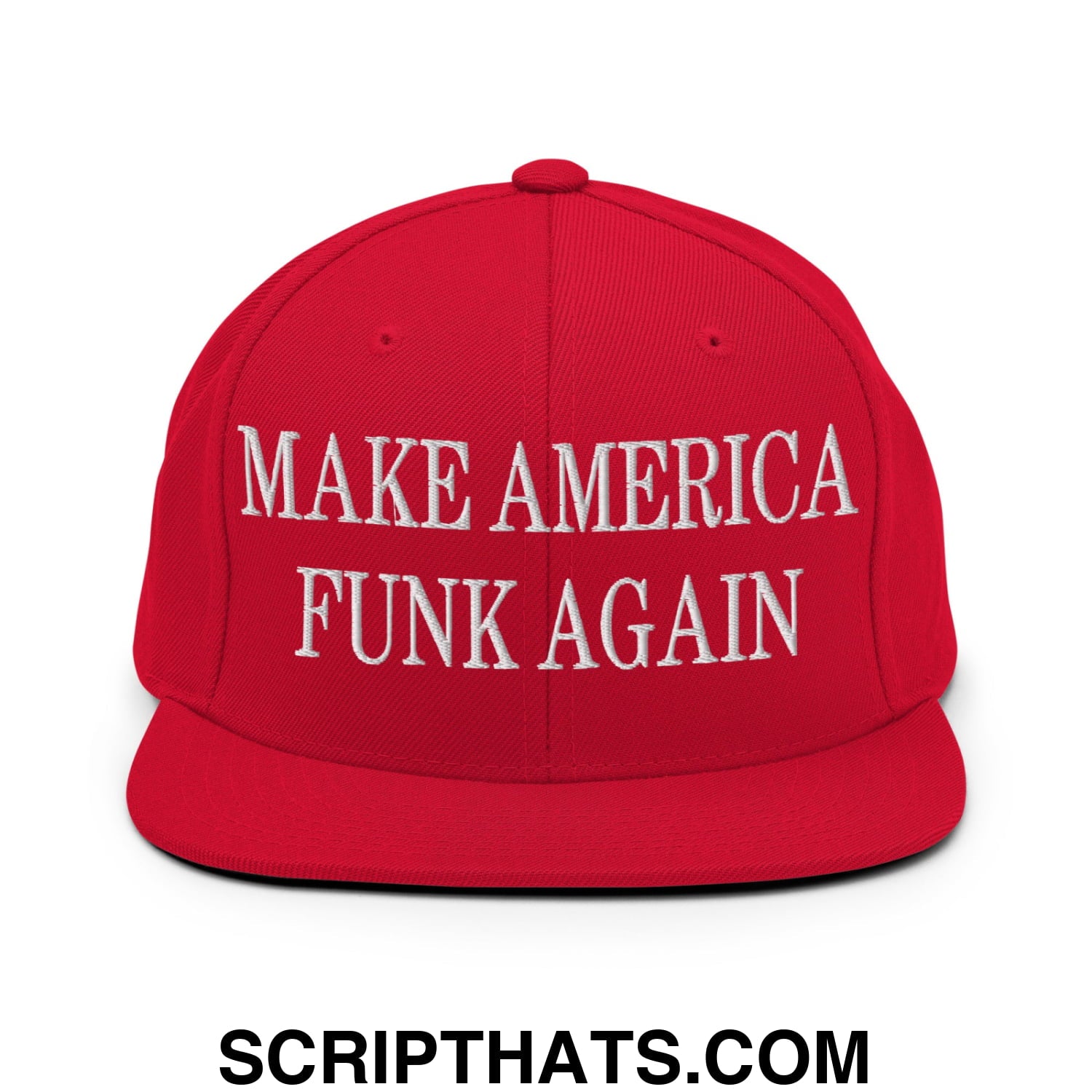Red flat bill brim snapback hat with white embroidered text make america funk again for casual wear