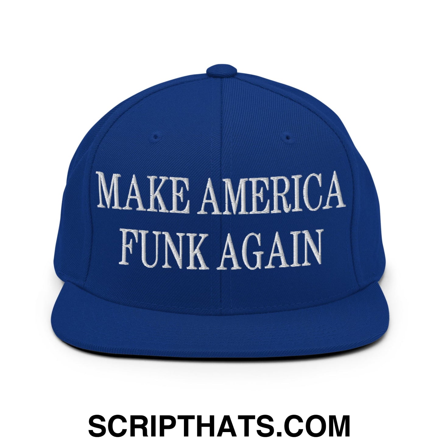 Royal blue snapback hat with white embroidered make america funk again text and flat bill brim design