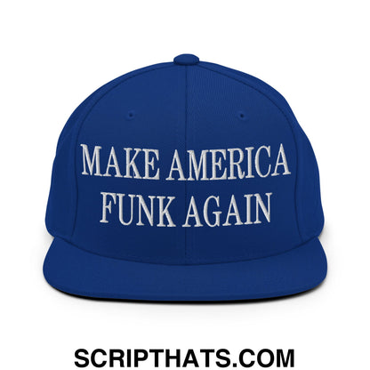 Royal blue snapback hat with white embroidered make america funk again text and flat bill brim design