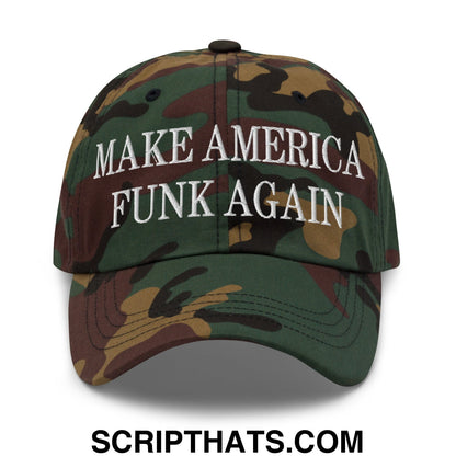 A camouflage make america funk again embroidered unstructured dad hat with white text on the front
