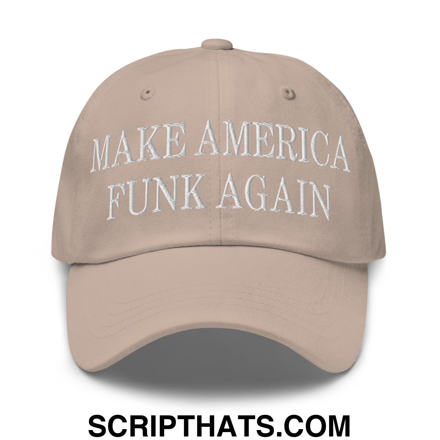 Beige unstructured dad hat with white embroidered make america funk again text for casual wear
