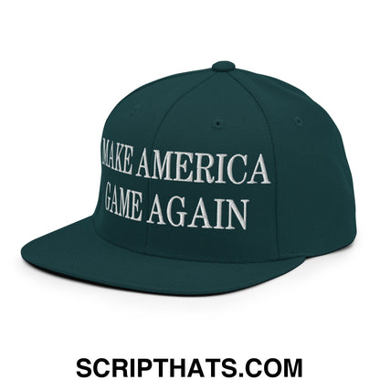 Dark green snapback hat with white embroidered make america game again text and flat bill brim design