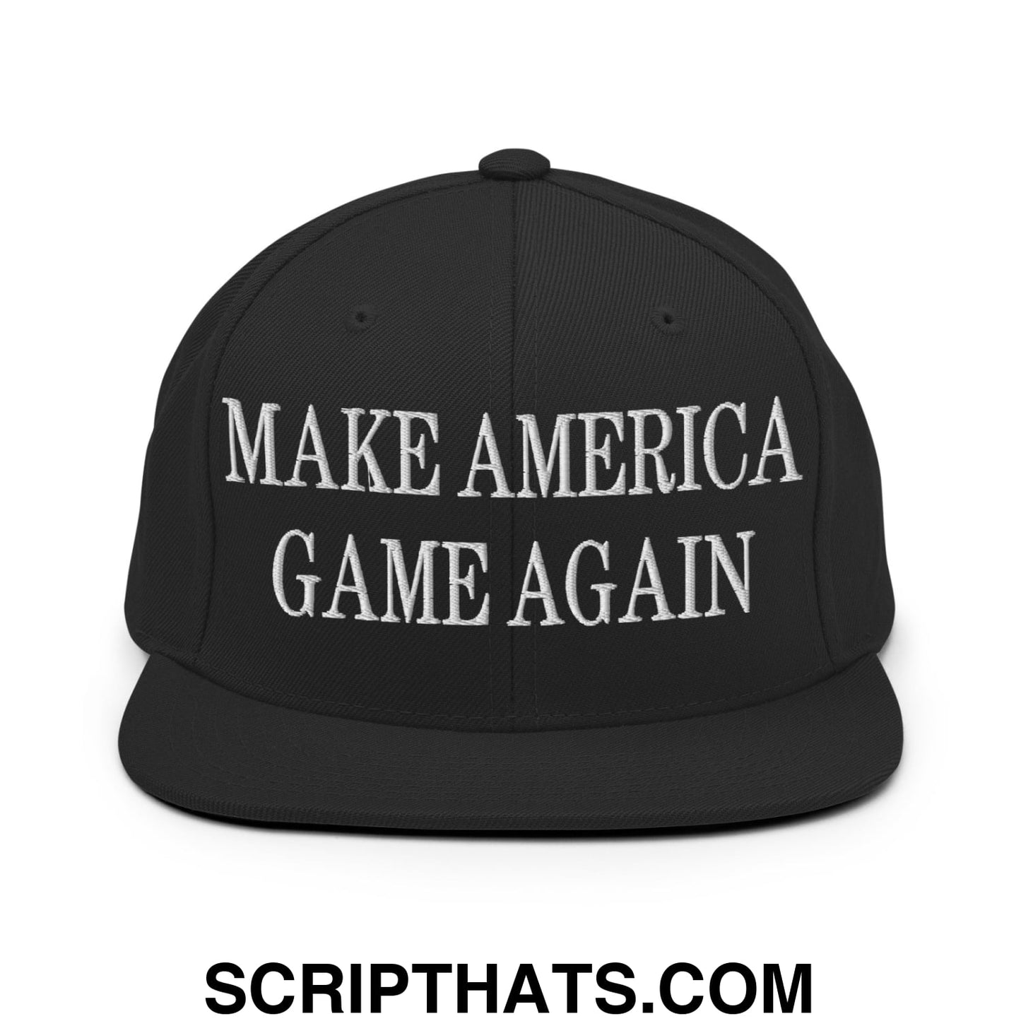 Black snapback hat with white embroidered make america game again text and flat bill brim design