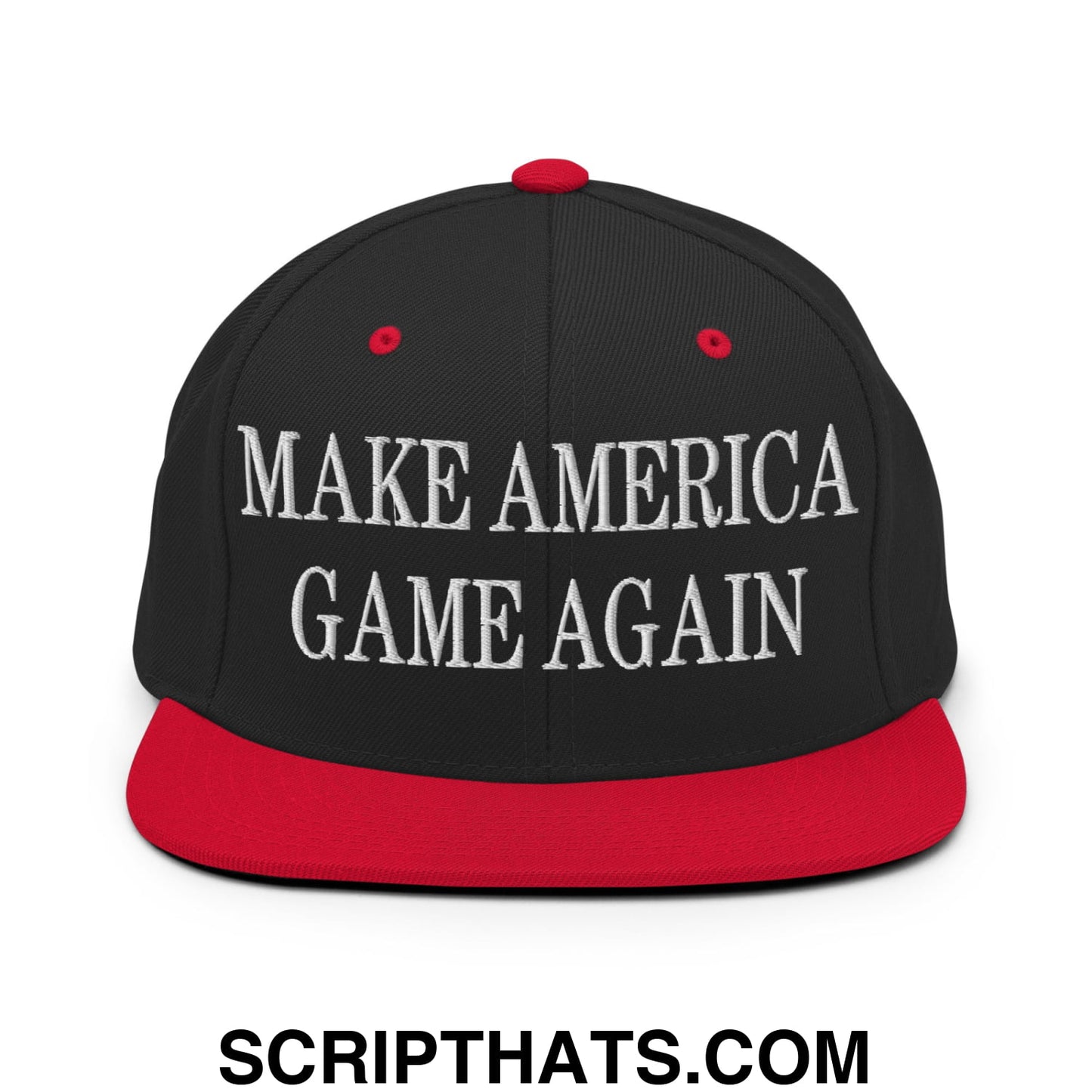Black and red flat bill snapback hat with white embroidered make america game again text on the front