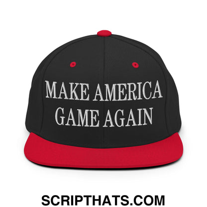 Black and red flat bill snapback hat with white embroidered make america game again text on the front