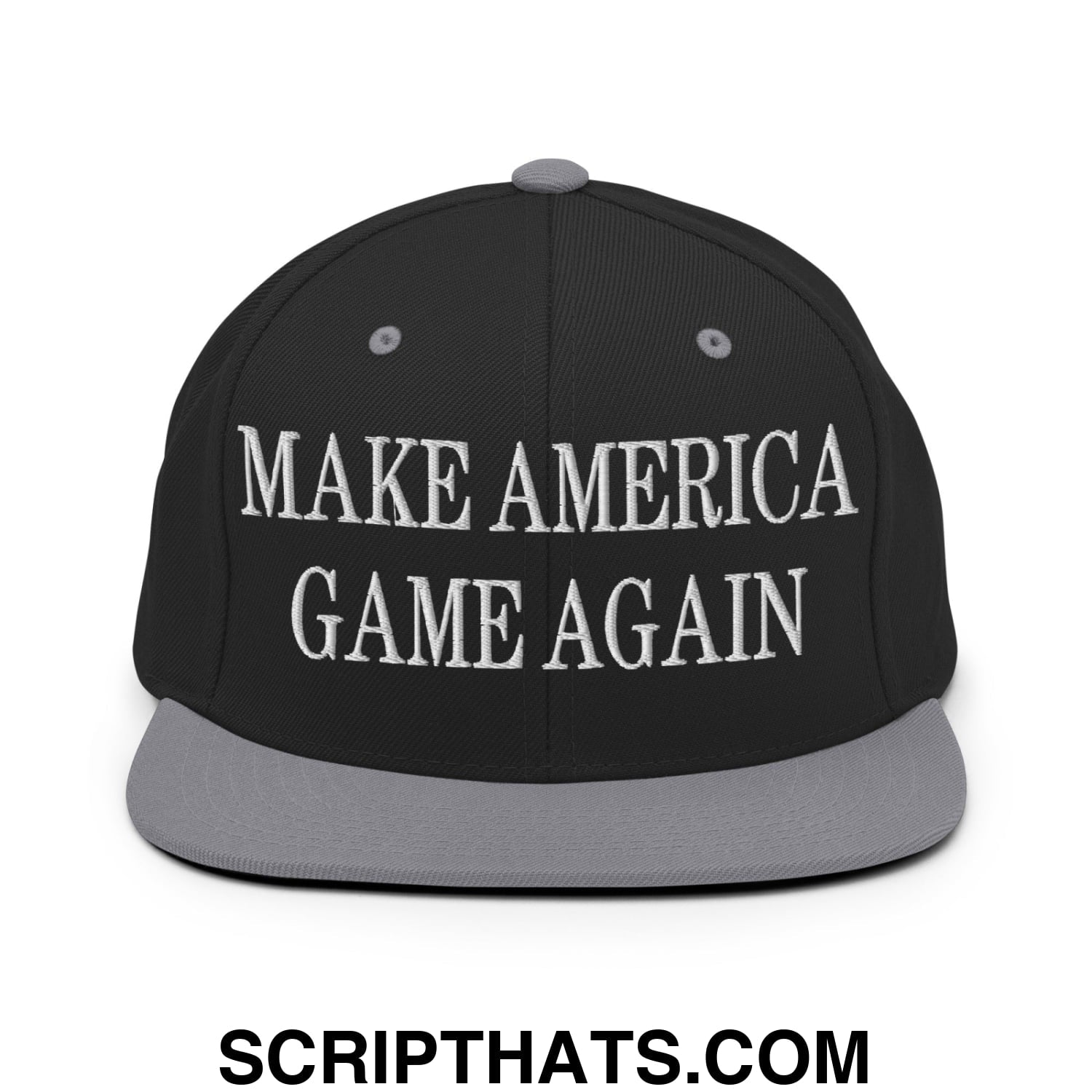 Black snapback cap with gray flat bill and white embroidered make america game again text on front panel