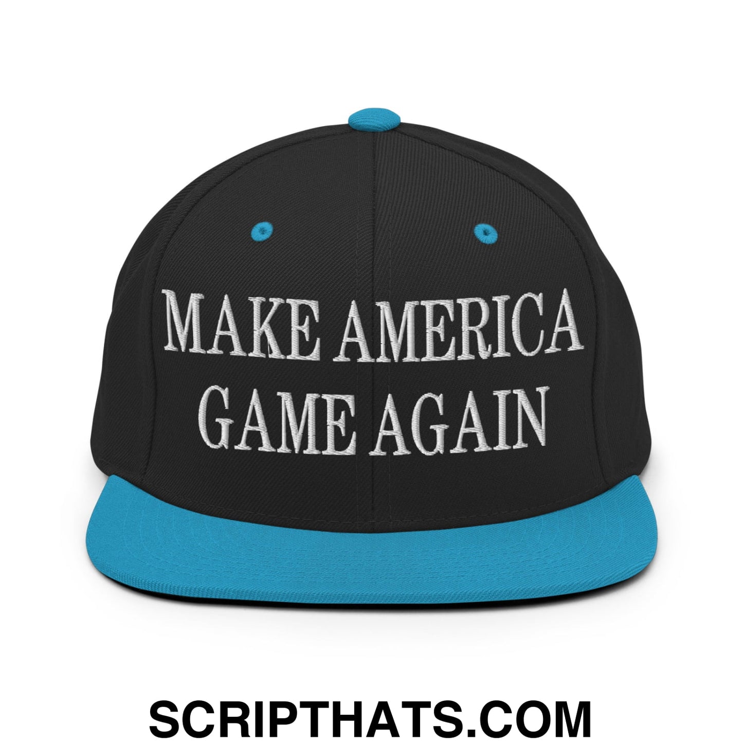 Black snapback cap with teal brim and button featuring white embroidered make america game again text