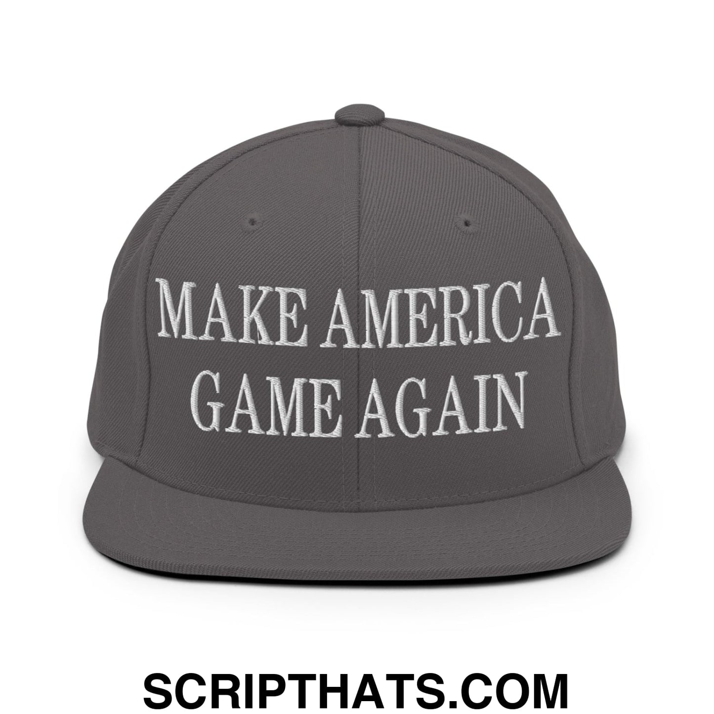 Gray snapback hat with white embroidered make america game again text and flat bill brim for casual wear