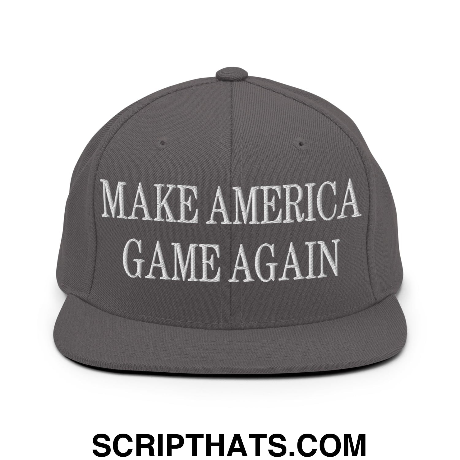 Gray snapback hat with white embroidered make america game again text and flat bill brim for casual wear