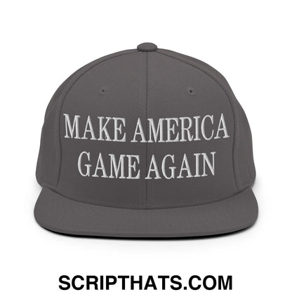 Gray snapback hat with white embroidered make america game again text and flat bill brim for casual wear