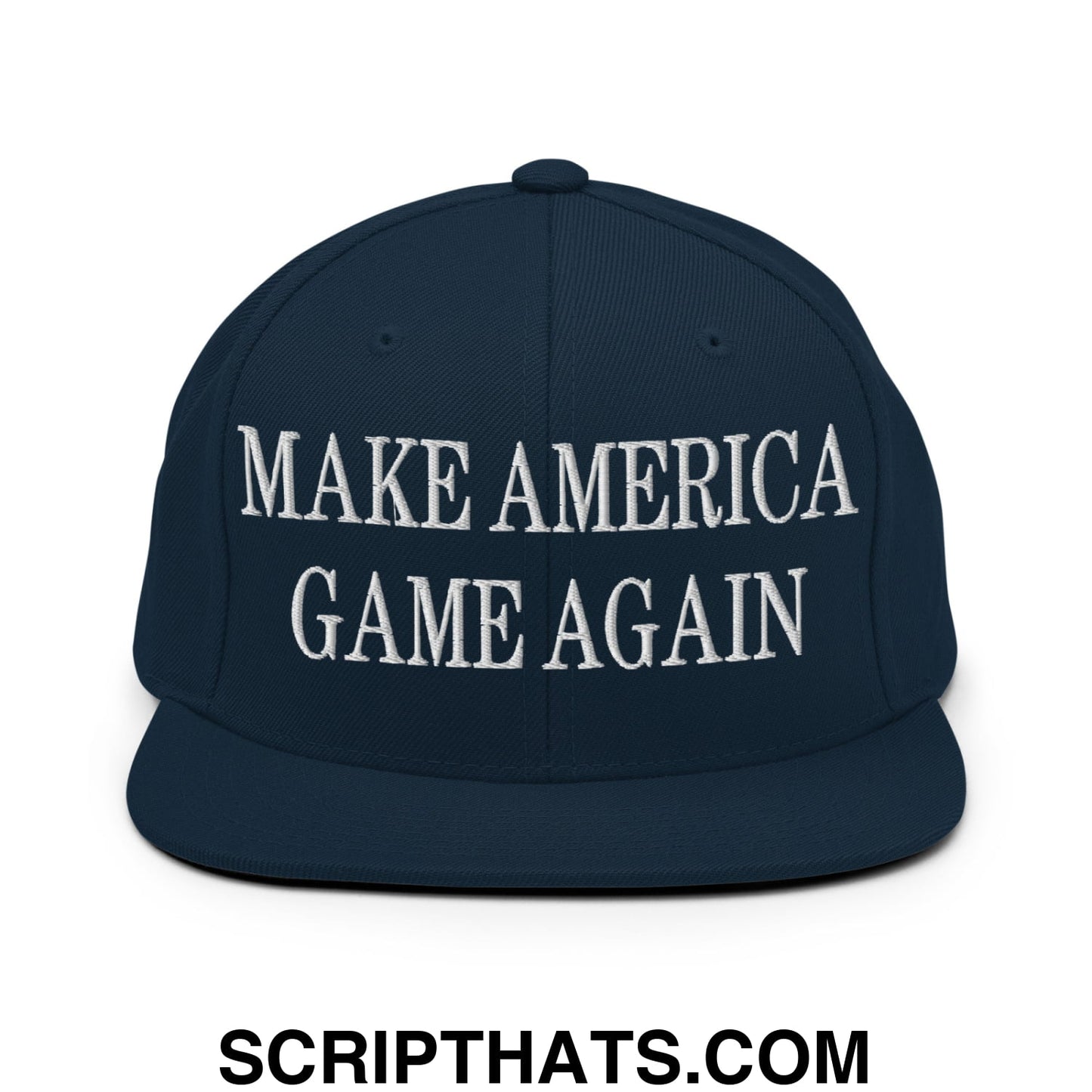 Navy blue snapback hat with white embroidered make america game again text and flat bill brim design