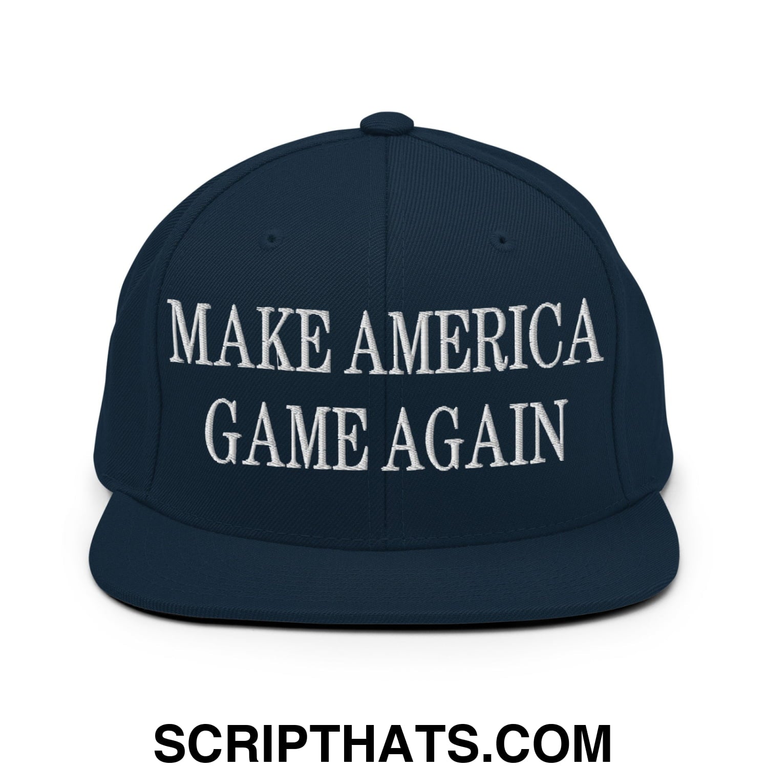 Navy blue snapback hat with white embroidered make america game again text and flat bill brim design