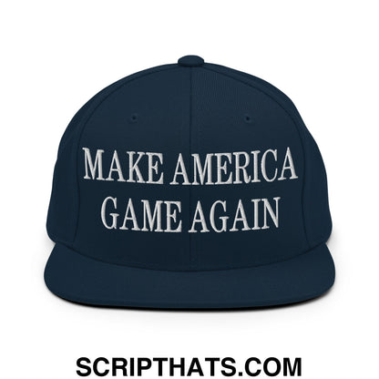 Navy blue snapback hat with white embroidered make america game again text and flat bill brim design