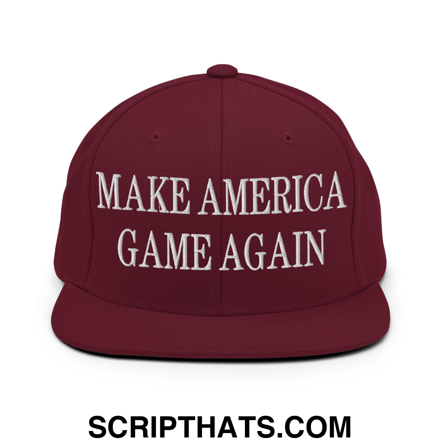 Maroon snapback hat with white embroidered make america game again text and flat bill brim design