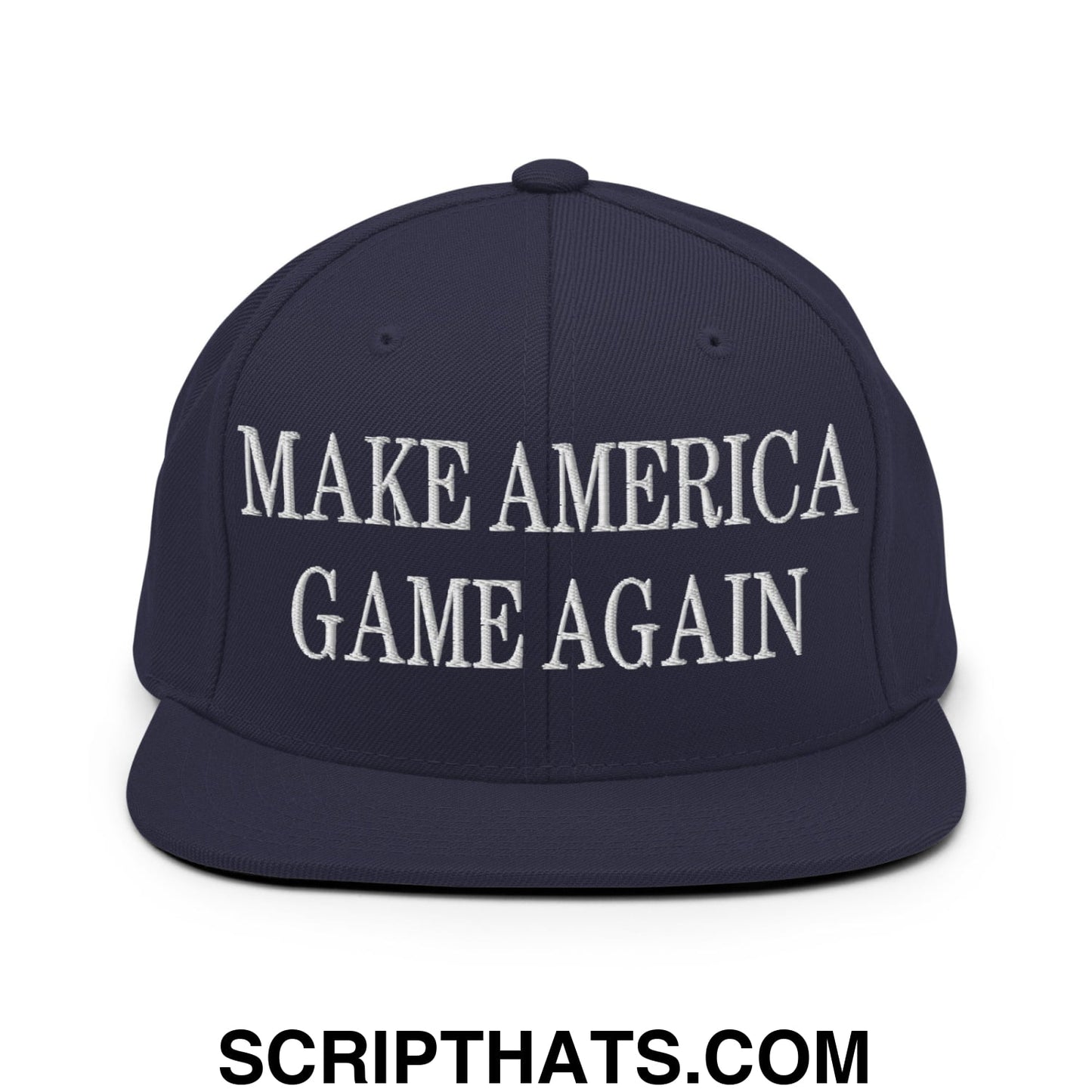 Navy blue snapback hat with flat bill brim featuring white embroidered make america game again text