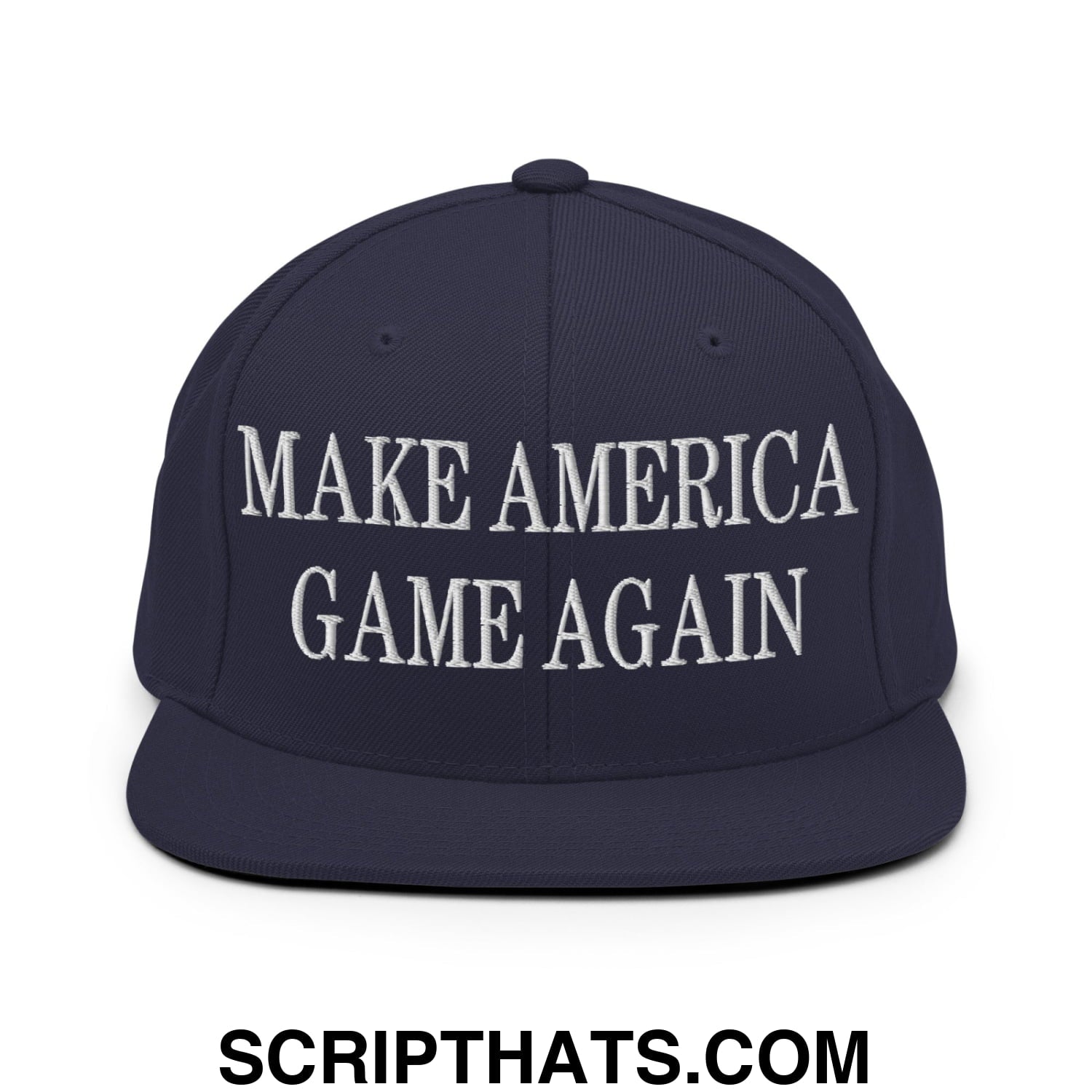 Navy blue snapback hat with flat bill brim featuring white embroidered make america game again text
