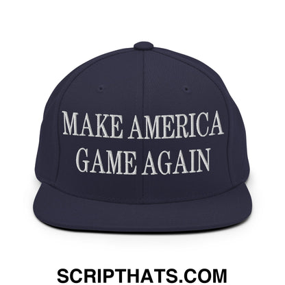 Navy blue snapback hat with flat bill brim featuring white embroidered make america game again text