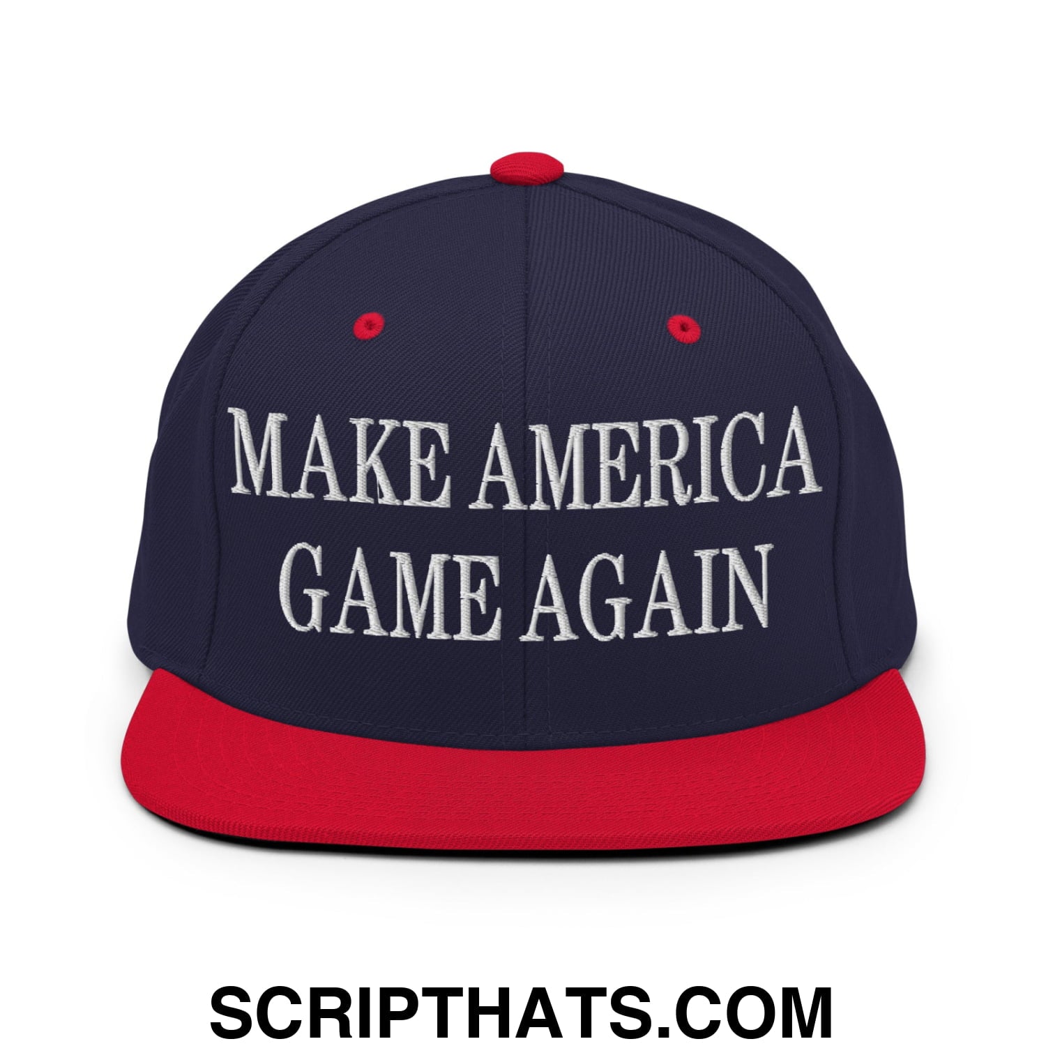Navy blue and red snapback cap with white embroidered make america game again text and flat bill brim design