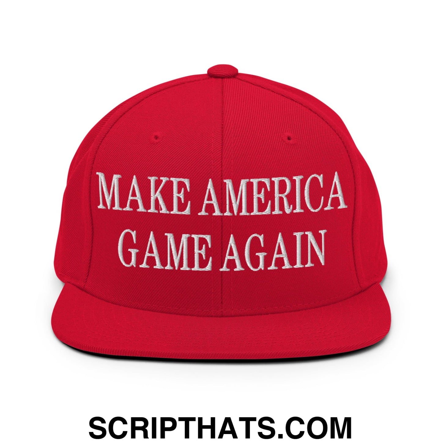 Red snapback cap with white embroidered make america game again text on flat bill brim snapback hat