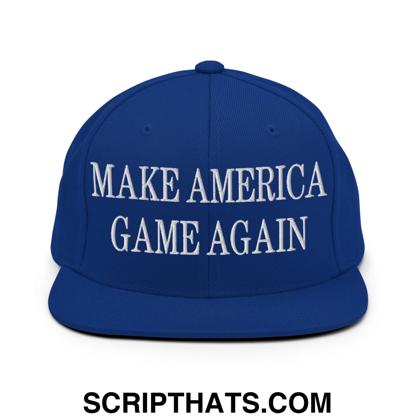 Royal blue snapback cap with white embroidered make america game again text and flat bill brim for casual wear
