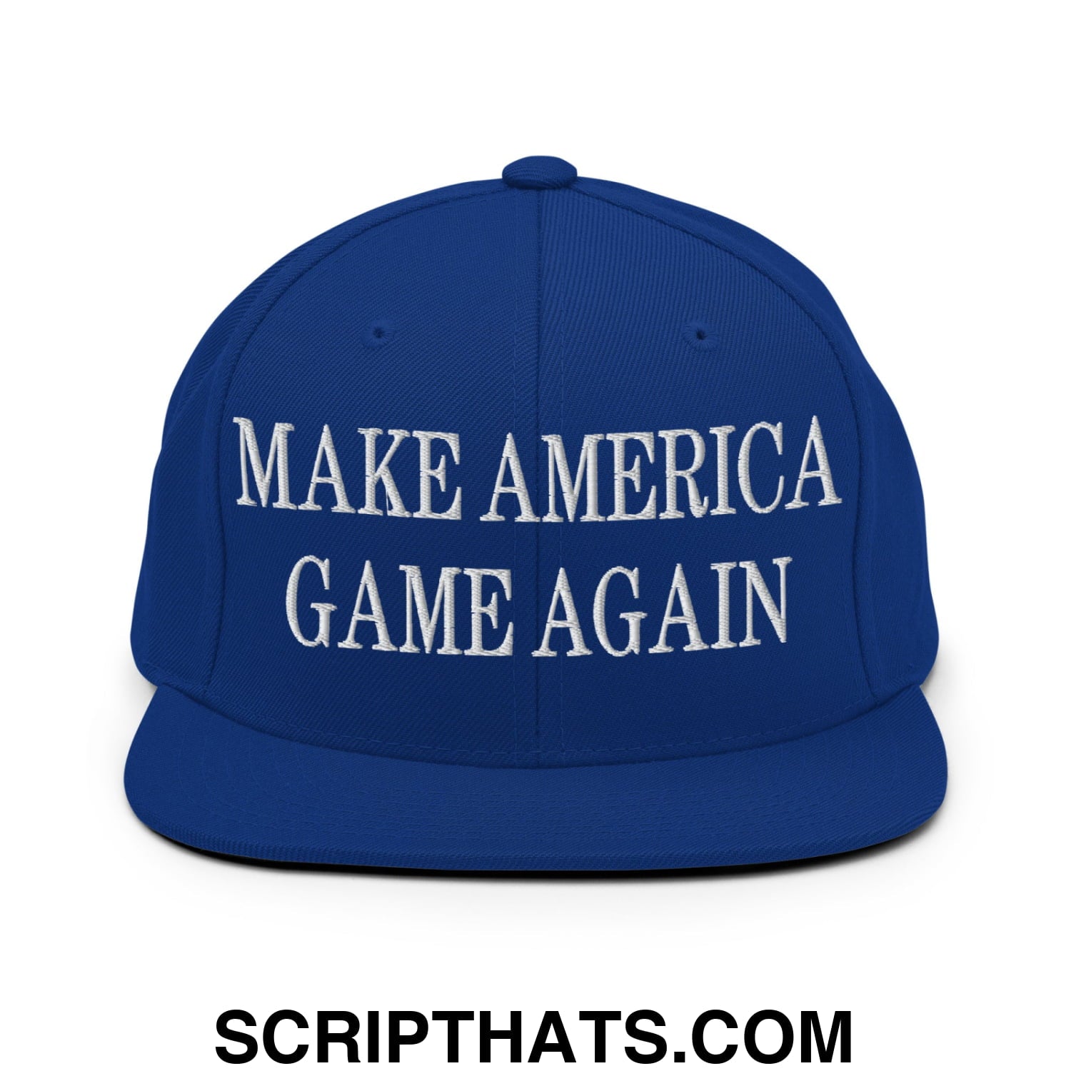 Royal blue snapback cap with white embroidered make america game again text and flat bill brim for casual wear