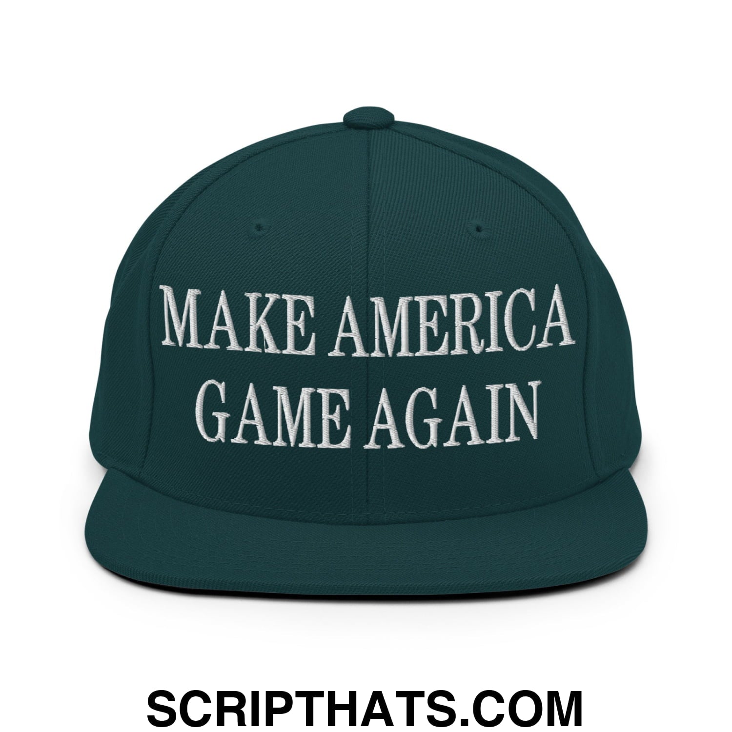 Dark green snapback cap with white embroidered make america game again text flat bill brim design