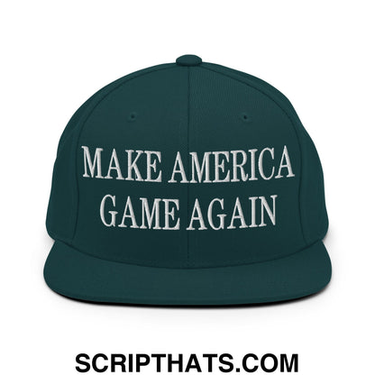Dark green snapback cap with white embroidered make america game again text flat bill brim design