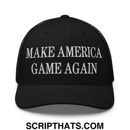 Black mesh trucker hat with white embroidered make america game again text front for casual wear