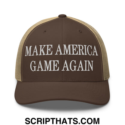 Brown and tan mesh trucker hat with white embroidered make america game again text on front panel