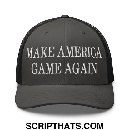 Dark gray mesh trucker hat with white embroidered make america game again text on the front panel