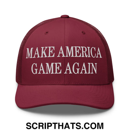Maroon embroidered mesh trucker hat with white make America game again text for casual wear
