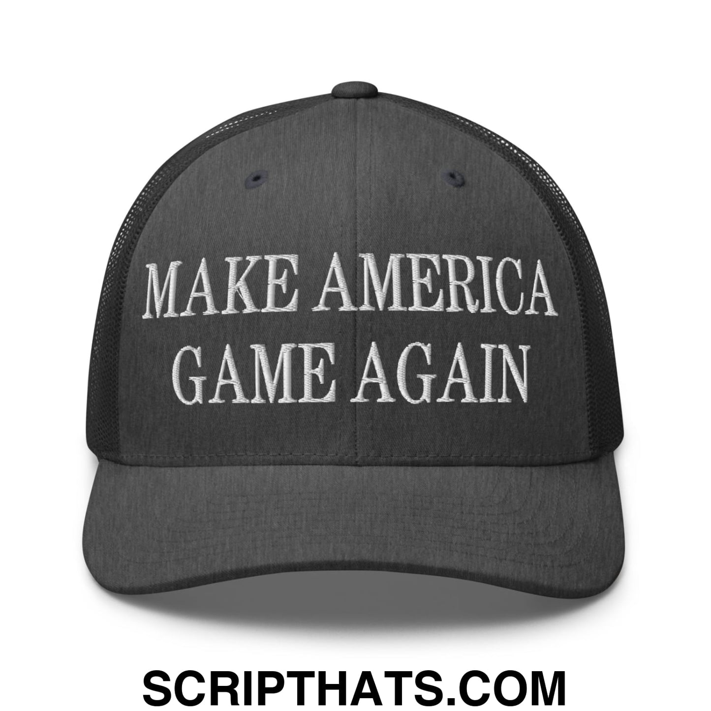 Black embroidered mesh trucker hat with white make america game again text for casual outdoor wear
