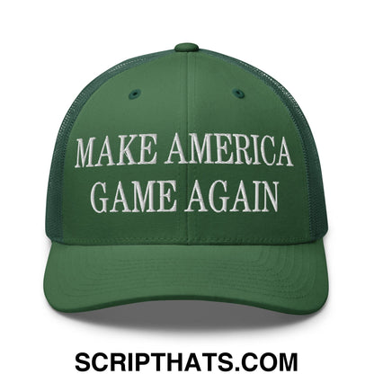 Green mesh trucker hat with white embroidered make america game again text on front panel