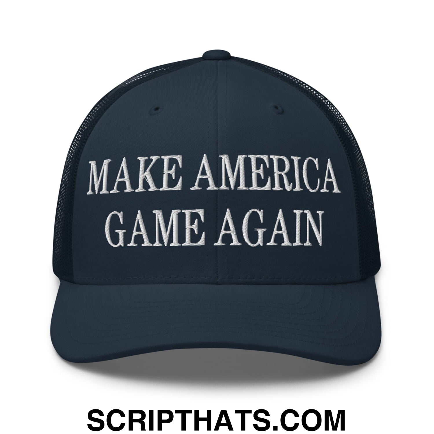 Dark navy blue mesh trucker hat with white embroidered make america game again text across the front