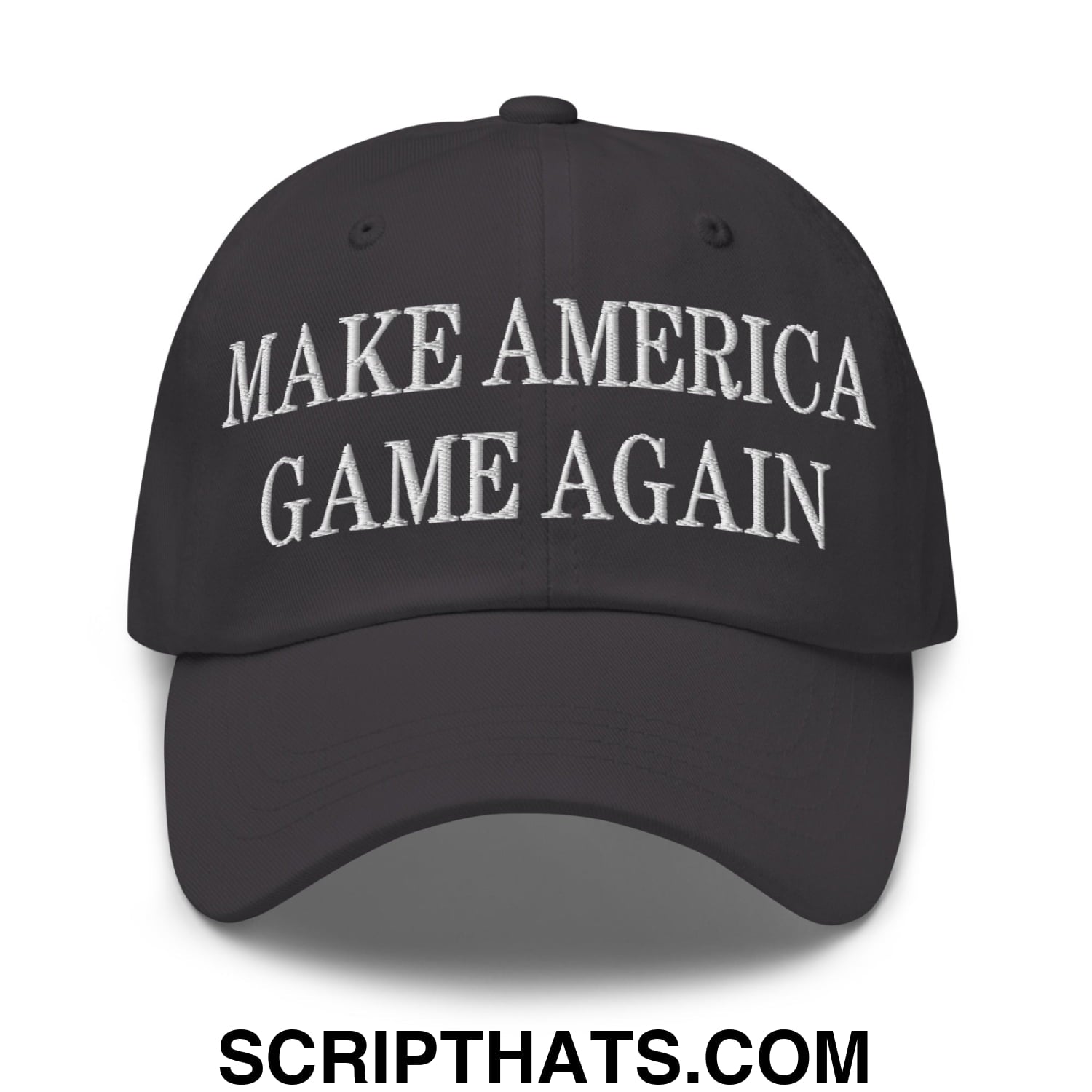 Black unstructured dad hat with white embroidered make america game again text for casual wear