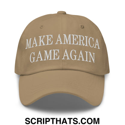 Tan unstructured dad hat with white embroidered make america game again text for casual wear