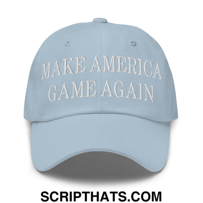 Light blue unstructured dad hat with white embroidered make America game again text baseball cap design