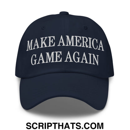 Navy blue unstructured dad hat with white embroidered make america game again text for casual wear