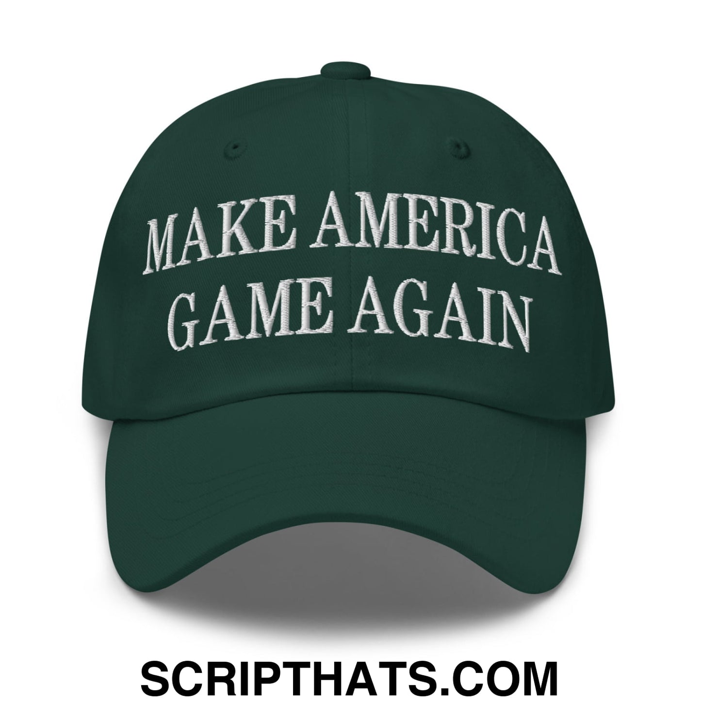 Dark green unstructured dad hat with white embroidered text make america game again for casual wear