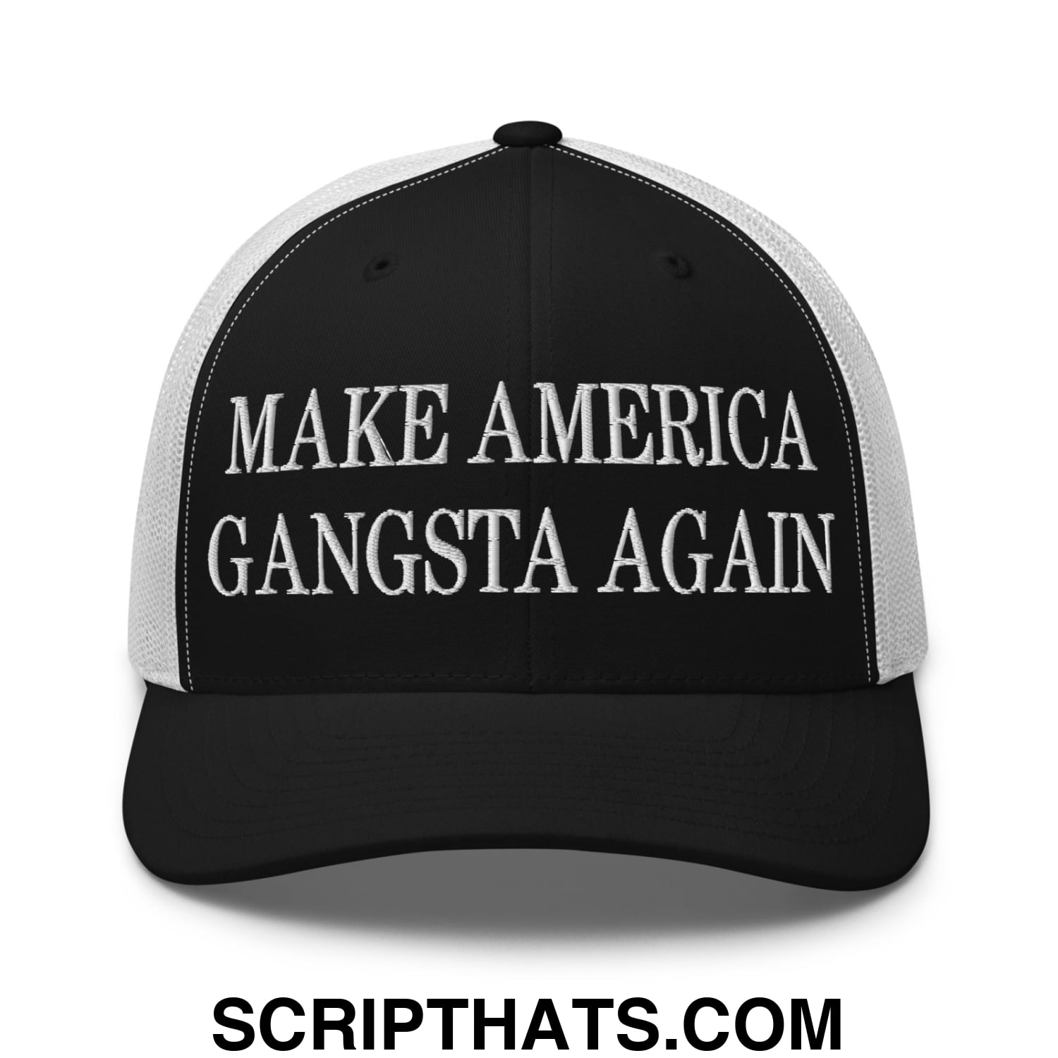 Black and white mesh trucker hat with embroidered make america gangsta again text in bold distressed font